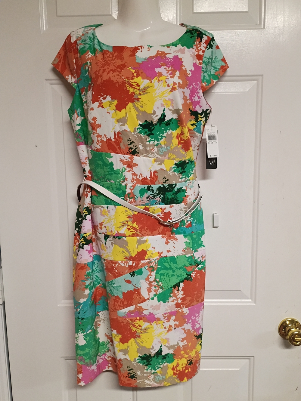 🩷🦄🤠 AGB Multicolor Abstract Midi Dress in Green, Orange, Yellow, Pink Size 14